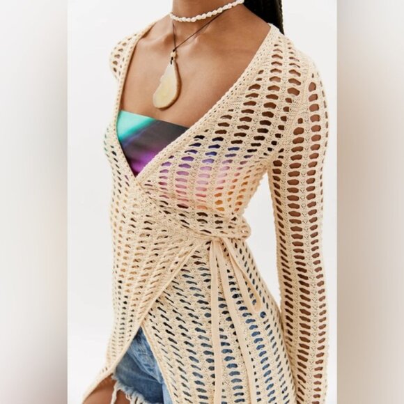 Urban Outfitters | Missy Open Knit Asymmetrical Cardigan New Small Ivory Beige - Picture 4 of 8